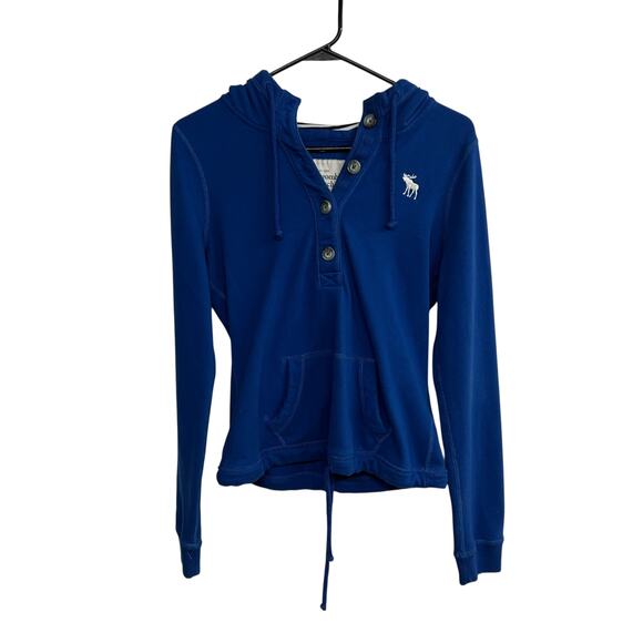 Y2K Preppy Henley Hoodie Abercrombie & Fitch Blue Medium Everyday Basic - Picture 1 of 8